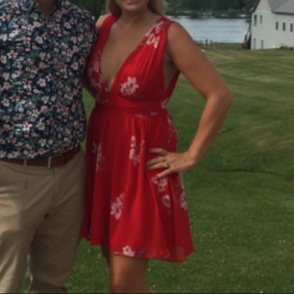 Lulus red floral skater dress- wedding guest